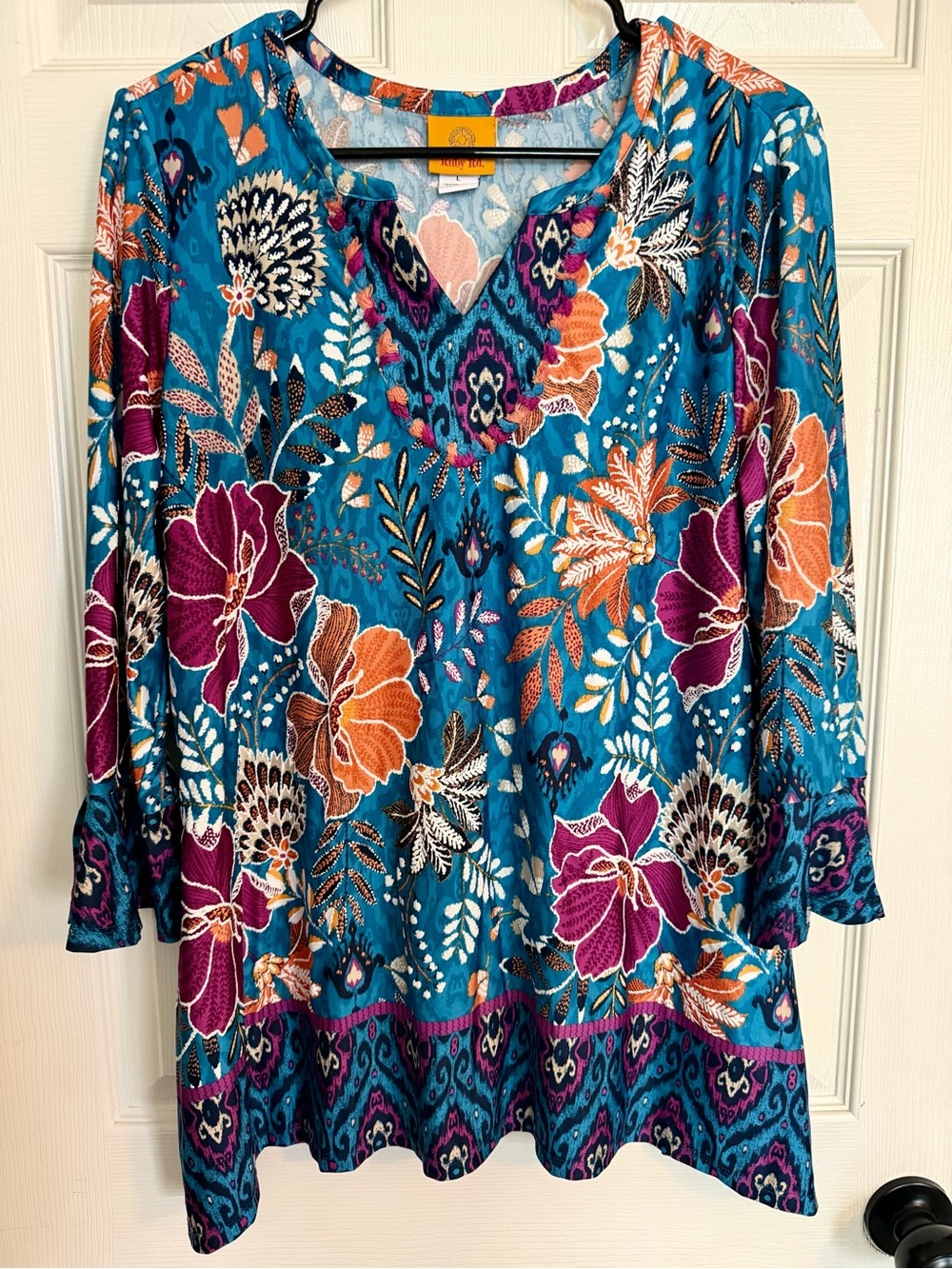Ruby Rd. Teal Floral V-Neck Tunic with Purple & Orange Accents